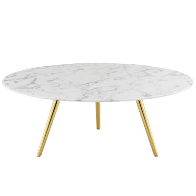 EEI-3672-GLD-WHI Lippa 40" Round Artificial Marble Coffee Table with Tripod Base Gold White