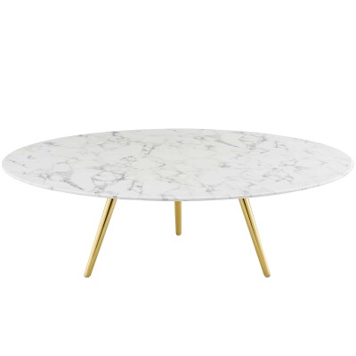 EEI-3673-GLD-WHI Lippa 47" Round Artificial Marble Coffee Table with Tripod Base Gold White