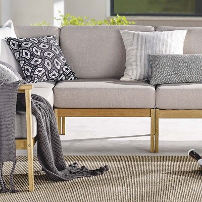 EEI-3681-NAT-TAU Sedona Outdoor Patio Eucalyptus Wood Sectional Sofa Armless Chair