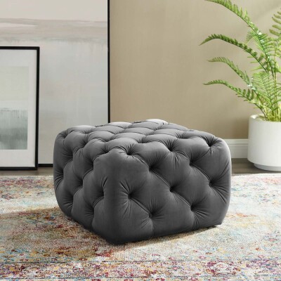 EEI-3776-GRY Anthem Tufted Button Square Performance Velvet Ottoman Gray