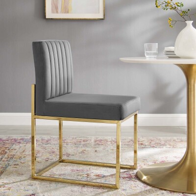 EEI-3806-GLD-CHA Carriage Channel Tufted Sled Base Performance Velvet Dining Chair Gold Charcoal