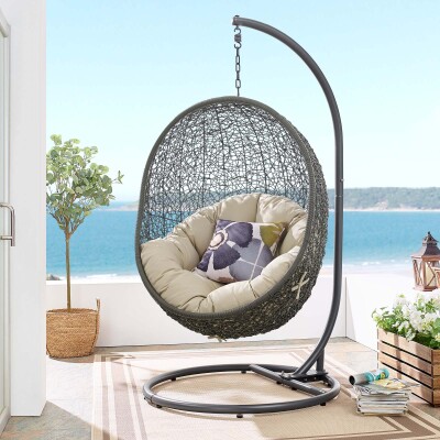 EEI-3929-GRY-BEI Hide Outdoor Patio Sunbrella® Swing Chair With Stand Gray Beige