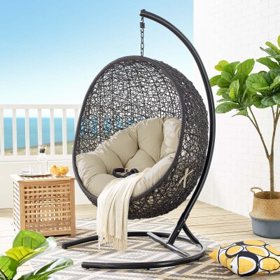 EEI-3943-BLK-BEI Encase Sunbrella® Swing Outdoor Patio Lounge Chair Black Beige