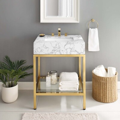EEI-3995-GLD-WHI Kingsley 26" Gold Stainless Steel Bathroom Vanity