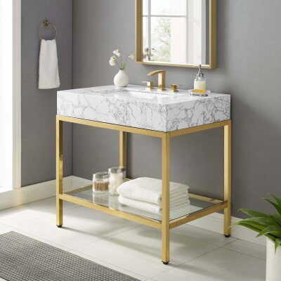 EEI-3997-GLD-WHI Kingsley 36" Gold Stainless Steel Bathroom Vanity