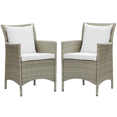 EEI-4027-LGR-WHI Conduit Outdoor Patio Wicker Rattan Dining Armchair Set of 2 in Light Gray White