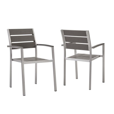 EEI-4042-SLV-GRY Shore Outdoor Patio Aluminum Dining Armchair Set of 2 Silver Gray