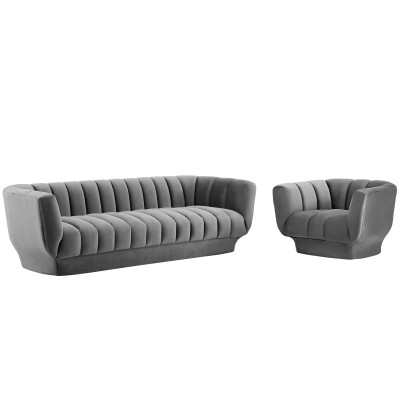 EEI-4086-GRY-SET Entertain Vertical Channel Tufted Performance Velvet Sofa and Armchair Set Gray