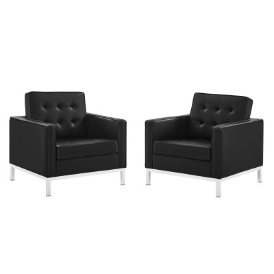 EEI-4101-SLV-BLK Loft Tufted Upholstered Faux Leather Armchair Set of 2 in Silver Black
