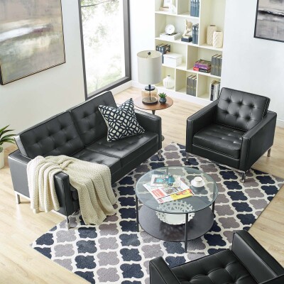 EEI-4102-SLV-BLK-SET Loft Tufted Upholstered Faux Leather Loveseat and Armchair Set Silver Black