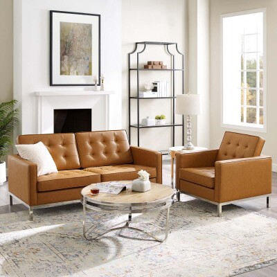 EEI-4102-SLV-TAN-SET Loft Tufted Upholstered Faux Leather Loveseat and Armchair Set Silver Tan
