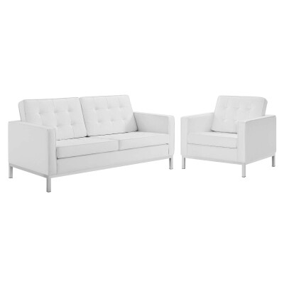 EEI-4102-SLV-WHI-SET Loft Tufted Upholstered Faux Leather Loveseat and Armchair Set Silver White