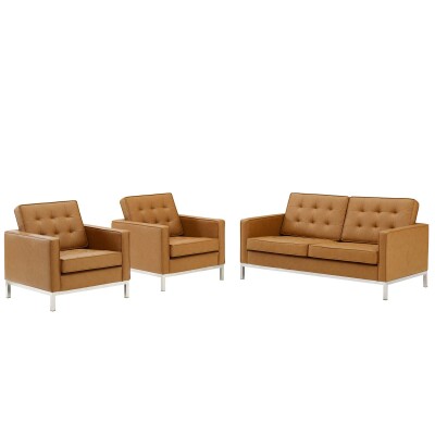EEI-4103-SLV-TAN-SET Loft 3 Piece Tufted Upholstered Faux Leather Set Silver Tan