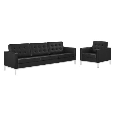 EEI-4104-SLV-BLK-SET Loft Tufted Upholstered Faux Leather Sofa and Armchair Set Silver Black