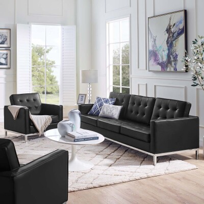 EEI-4104-SLV-BLK-SET Loft Tufted Upholstered Faux Leather Sofa and Armchair Set Silver Black