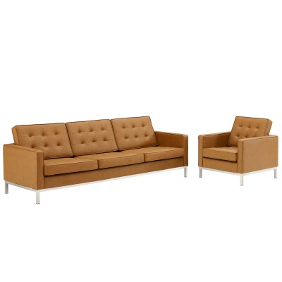 EEI-4104-SLV-TAN-SET Loft Tufted Upholstered Faux Leather Sofa and Armchair Set Silver Tan