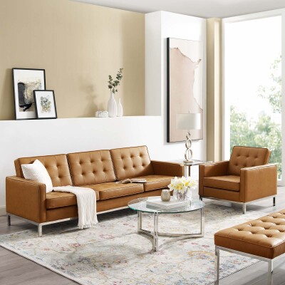 EEI-4104-SLV-TAN-SET Loft Tufted Upholstered Faux Leather Sofa and Armchair Set Silver Tan