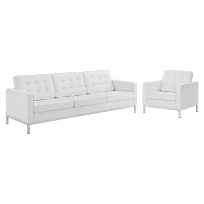 EEI-4104-SLV-WHI-SET Loft Tufted Upholstered Faux Leather Sofa and Armchair Set Silver White