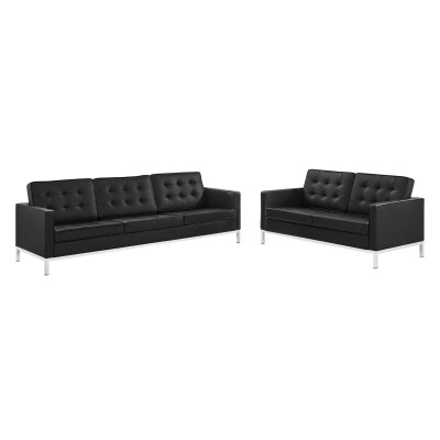 EEI-4106-SLV-BLK-SET Loft Tufted Upholstered Faux Leather Sofa and Loveseat Set Silver Black