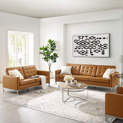 EEI-4106-SLV-TAN-SET Loft Tufted Upholstered Faux Leather Sofa and Loveseat Set Silver Tan