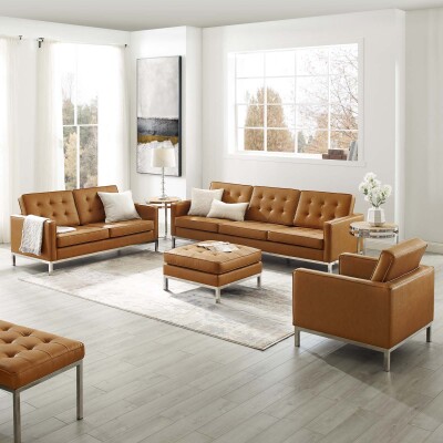 EEI-4107-SLV-TAN-SET Loft Tufted Upholstered Faux Leather 3 Piece Set Silver Tan