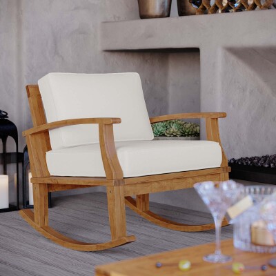 EEI-4177-NAT-WHI Marina Outdoor Patio Teak Rocking Chair Natural White