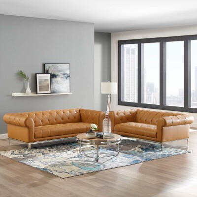 EEI-4189-TAN-SET Idyll Tufted Upholstered Leather Sofa and Loveseat Set Tan