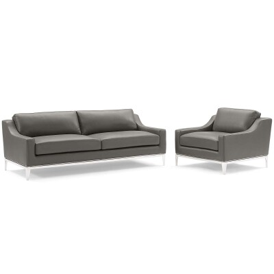 EEI-4198-GRY-SET Harness Stainless Steel Base Leather Sofa & Armchair Set Gray