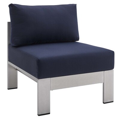 EEI-4227-SLV-NAV Shore Sunbrella® Fabric Aluminum Outdoor Patio Armless Chair Silver Navy