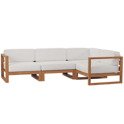 EEI-4253-NAT-WHI-SET Upland Outdoor Patio Teak Wood 4-Piece Sectional Sofa Set Natural White