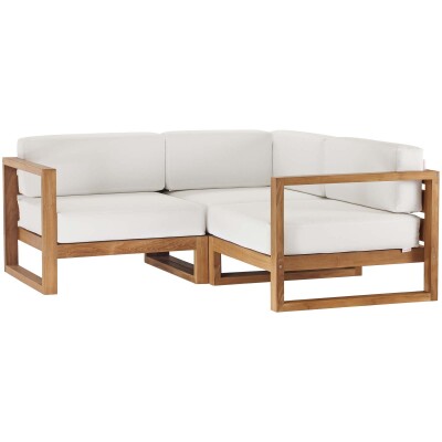 EEI-4255-NAT-WHI-SET Upland Outdoor Patio Teak Wood 3-Piece Sectional Sofa Set Natural White