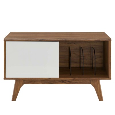 A white and walnut media cabinet with a glass door.