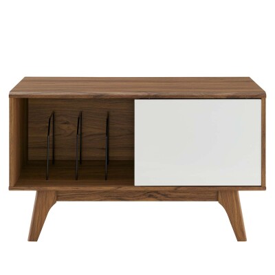 A white and walnut media console with two doors.