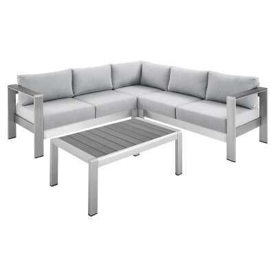 EEI-4314-SLV-GRY-SET Shore Sunbrella® Fabric Outdoor Patio Aluminum 4 Piece Sectional Sofa Set Silver Gray