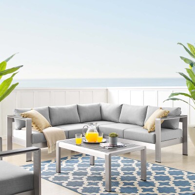 EEI-4314-SLV-GRY-SET Shore Sunbrella® Fabric Outdoor Patio Aluminum 4 Piece Sectional Sofa Set Silver Gray