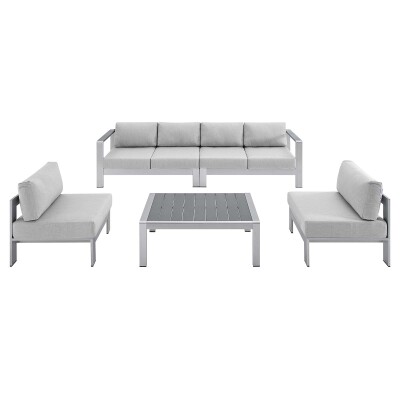 EEI-4318-SLV-GRY-SET Shore Sunbrella® Fabric Outdoor Patio Aluminum 5 Piece Sectional Sofa Set in Silver Gray
