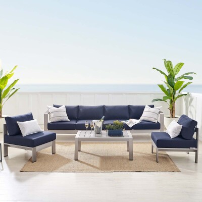 EEI-4318-SLV-NAV-SET Shore Sunbrella® Fabric Outdoor Patio Aluminum 5 Piece Sectional Sofa Set in Silver Navy