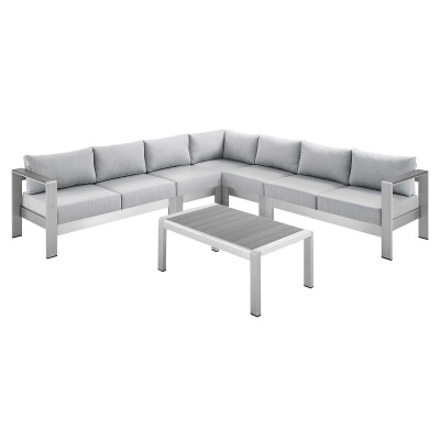 EEI-4319-SLV-GRY-SET Shore Sunbrella® Fabric Outdoor Patio Aluminum 6 Piece Sectional Sofa Set in Silver Gray