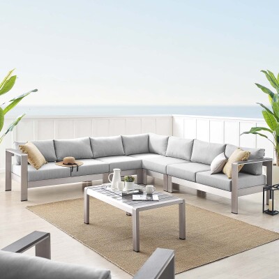 EEI-4319-SLV-GRY-SET Shore Sunbrella® Fabric Outdoor Patio Aluminum 6 Piece Sectional Sofa Set in Silver Gray
