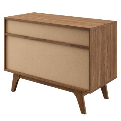 A modern sideboard with two drawers and a wooden top.