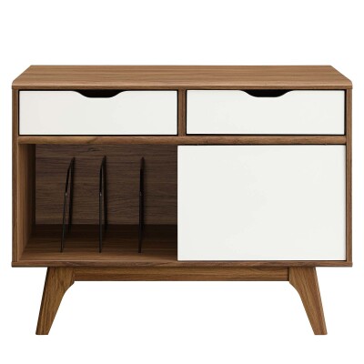 A white and walnut media cabinet with two drawers.