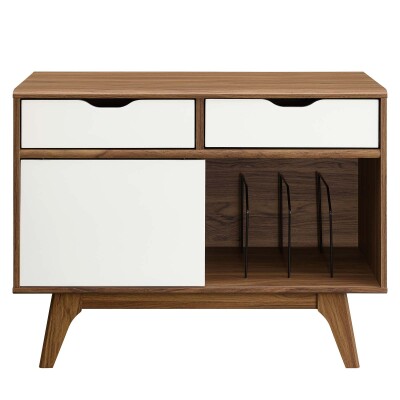 A white and walnut sideboard with two drawers.