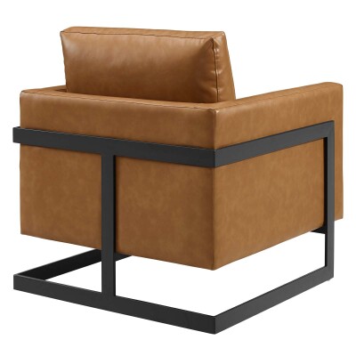 A tan leather chair with a black frame.