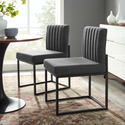 EEI-4508-BLK-CHA Carriage Dining Chair Upholstered Fabric Set of 2 Black Charcoal