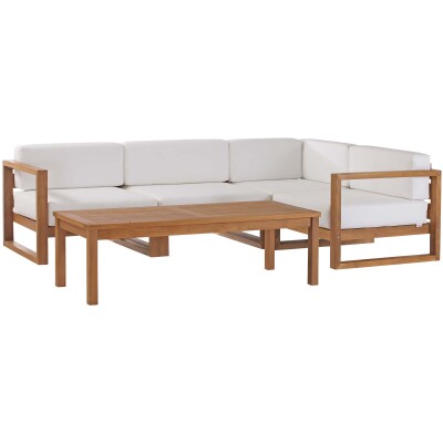 EEI-4619-NAT-WHI-SET Upland Outdoor Patio Teak Wood 5-Piece Sectional Sofa Set Natural White