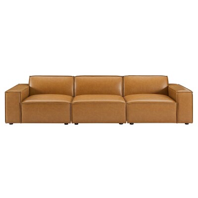 A tan leather sectional sofa on a white background.