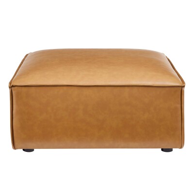 A tan leather ottoman on a white background.