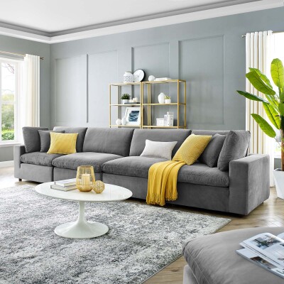 EEI-4819-GRY Commix Down Filled Overstuffed Performance Velvet 4-Seater Sofa Gray