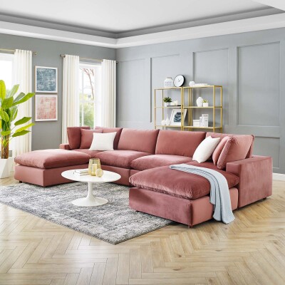 EEI-4821-DUS Commix Down Filled Overstuffed Performance Velvet 6-Piece Sectional Sofa Dusty Rose