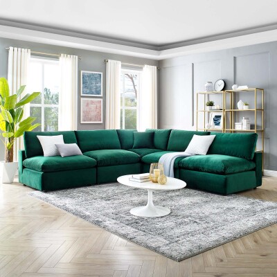 EEI-4822-GRN Commix Down Filled Overstuffed Performance Velvet 5-Piece Sectional Sofa Green